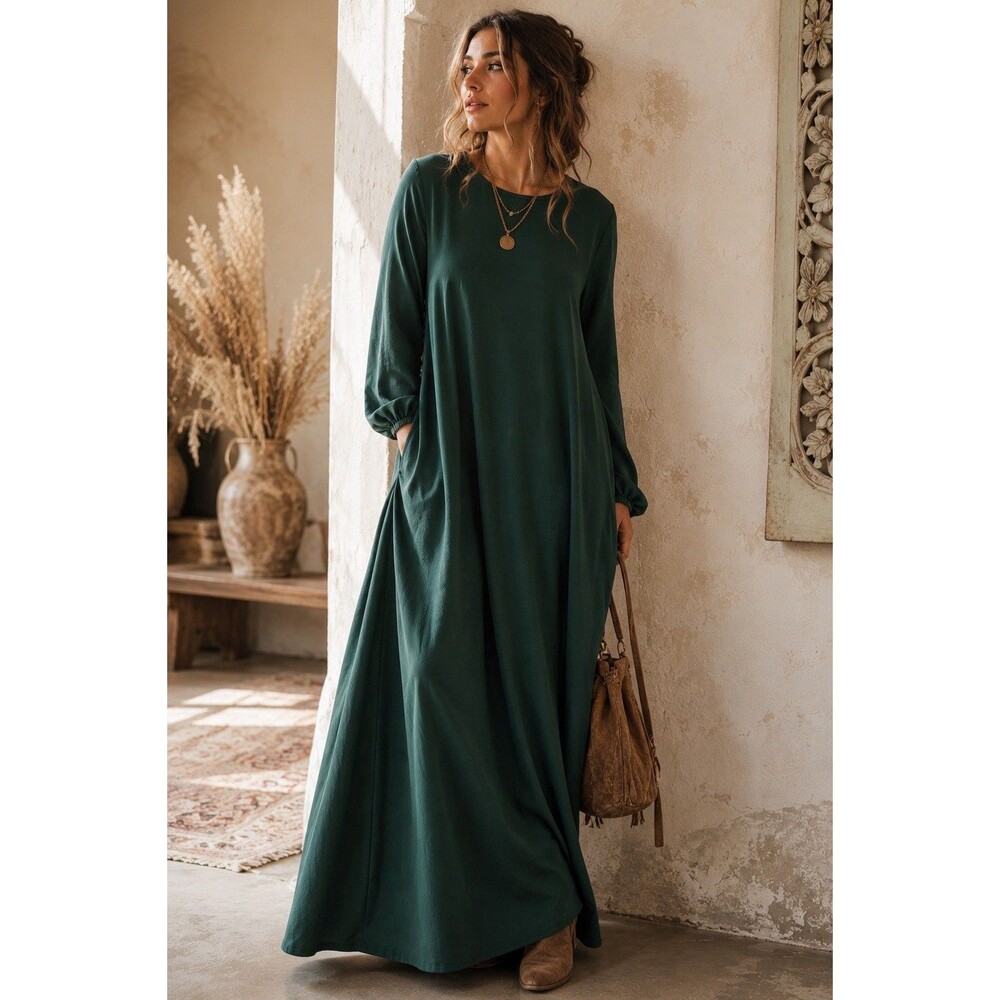 Tavin Emerald Green Maxi Dress EU42 US10 Long Sleeve Pockets Modest Crepe